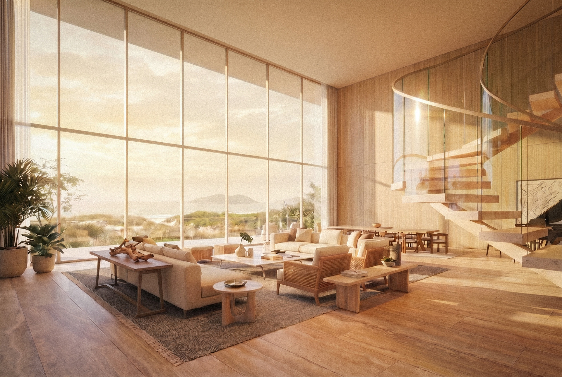 Living integrado com pé-direito duplo e vista para o mar